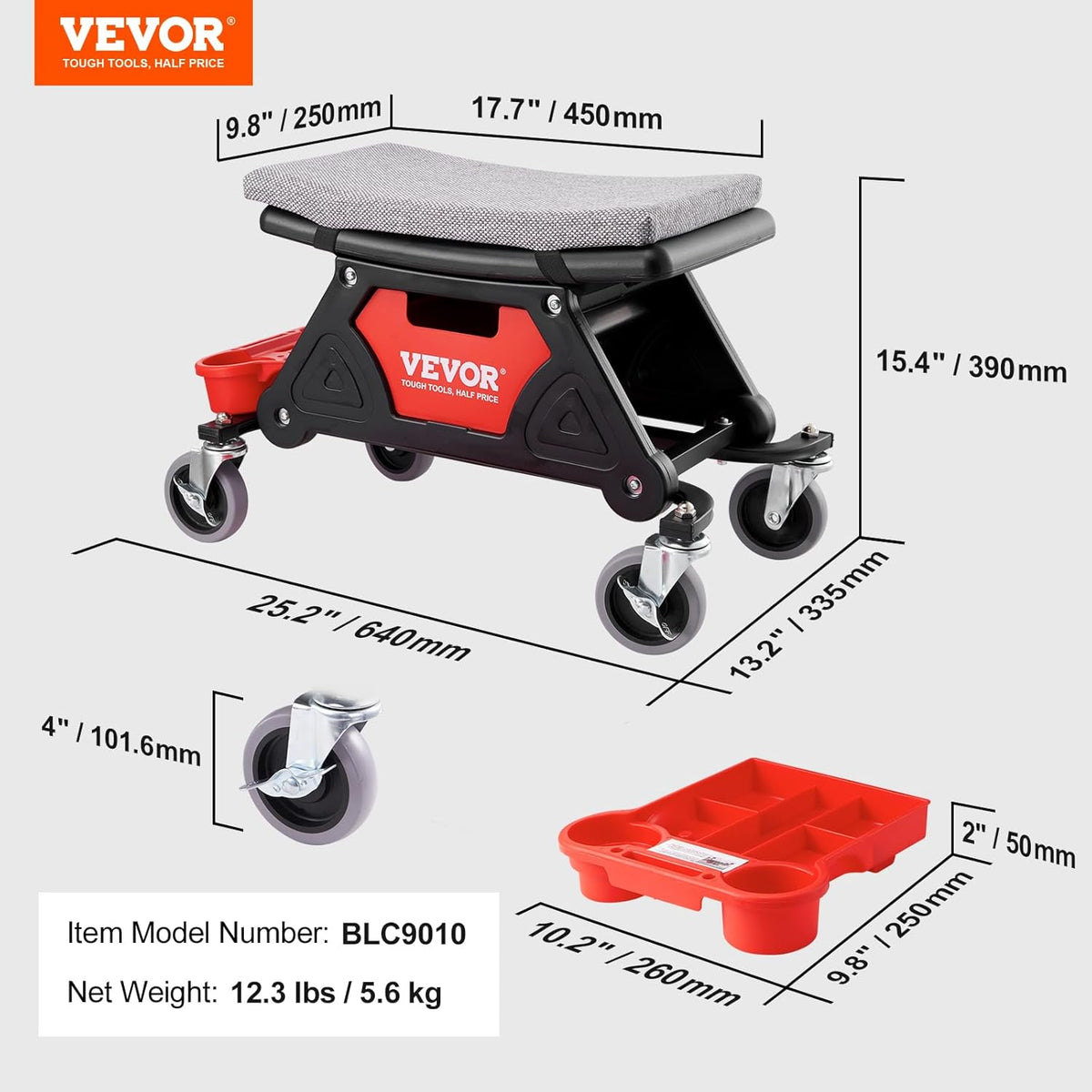 VEVOR Mechanic Stool 300 LBS Capacity Garage Stool Gift for Men, Heavy Duty Rolling Mechanics Seat, with Three Slide Out Tool Trays and Drawer, Tools for Automotive Auto Repair