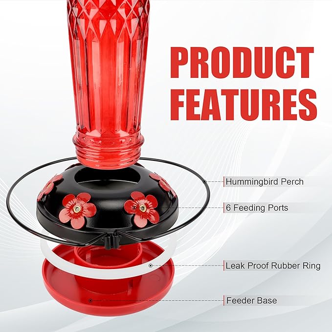 Hummingbird Feeder-16 Ounces，6 Feeding Ports Glass Hummingbird feeders for Outdoors,Wide Mouth for Easy Filling/Cleaning，Hanging for Garden Backyard Decor, Includes Ant Moat (Red)