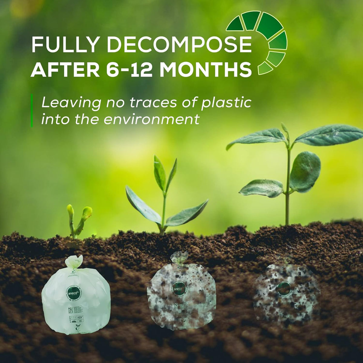 ANECO 100% Compostable Waste Bags 2.6 Gallon (Flat Top Bags, 50 Count) Extra Strong Kitchen Small Compost Bags for Countertop Bin (BPI & OK Compost HOME Certified)