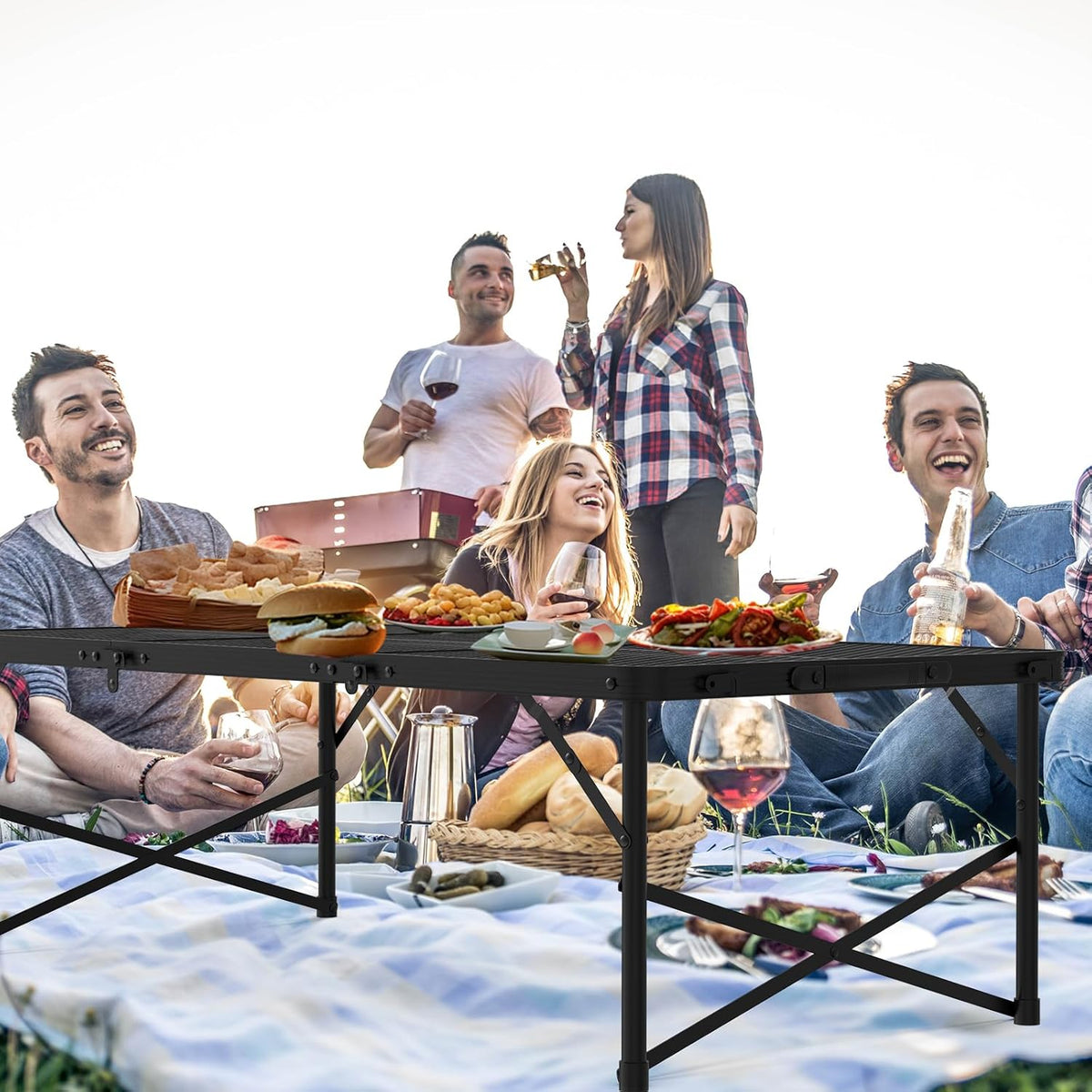 Folding Gril Table, 4x2 FT Camping Table with Mesh Desktop,Height Adjustable Folding Grill Table with Mesh Bag,Portable Outdoor for Picnic,Camping,BBQ,Beach(Black)