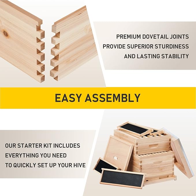 CREWORKS Bee Hive Boxes 10 Frame Langstroth Beehive, Bee Keeping Starter Kit Includes 1 Super Bee Box & 1 Bee Brood Box with Beehive Frames and Foundation, 2 Layers Complete Bee Hive Kit
