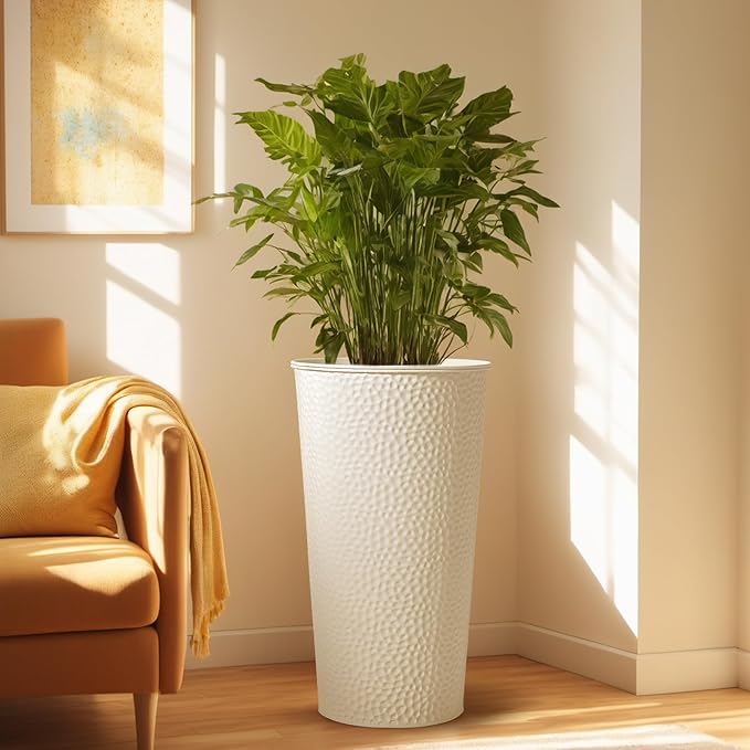 KOL 25" H. Metal Hand-Hammered Planters with Inner Pots 2-Pack, White Decor Planter for Deck, Patio, Porch - Galvanized Steel Handcrafted Flower Pot - w/Water Level Indicator - Indoor Outdoor Use