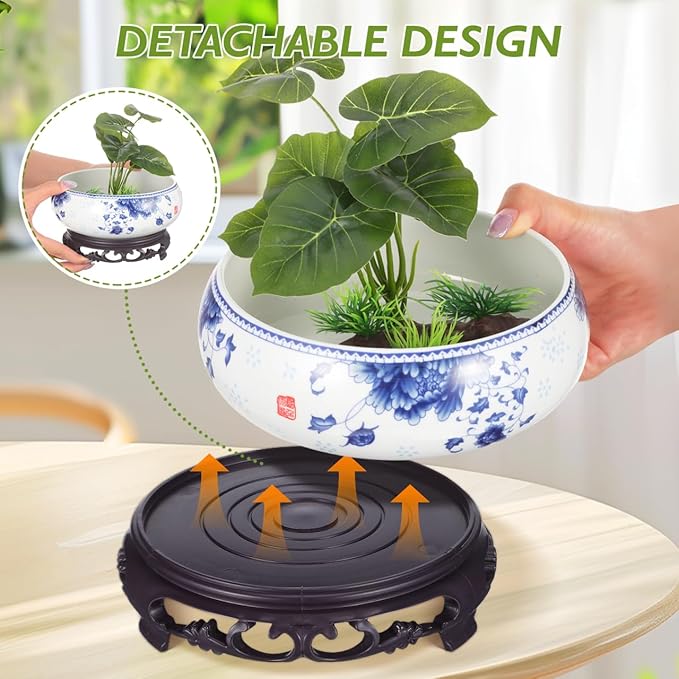 Ceramic Chinese Pot White Water Lily Bowl Ceramic Plant Pot Hydroponic for Garden Home Office-8Inch