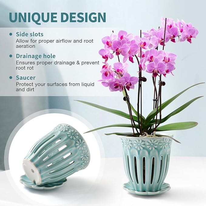 5" Ceramic Orchid Pot with Holes | Crackle Glazed Pot with Drainage and Separate Saucer | Ideal Plant Pot for Repotting Orchids and Other Flowers (Blue)