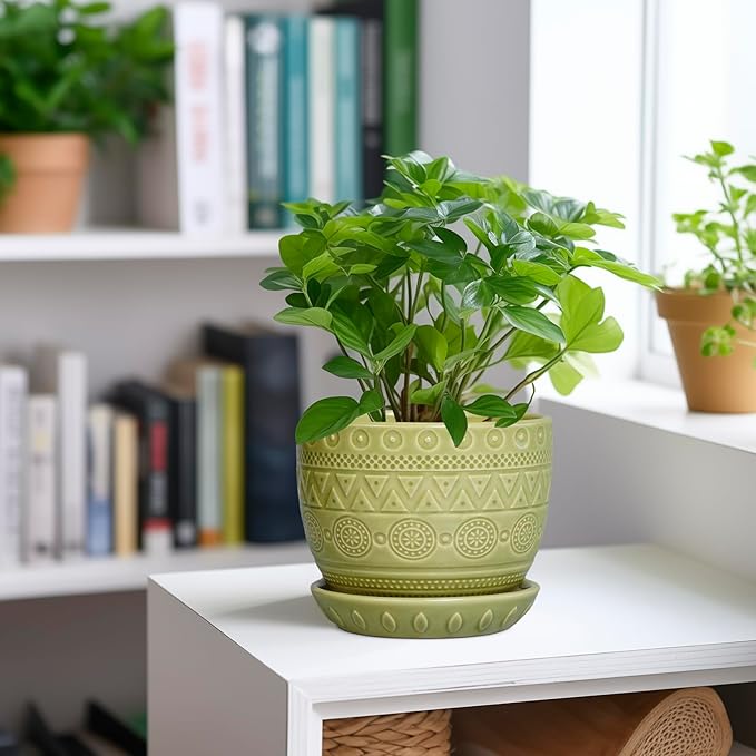 G EPGardening Indoor Plant Pot 5.5 Inch - Ceramic Planter with Drainage Hole and Saucer, Round Boho Plant Pot for Indoor Plants, Plant Lover Gifts, Home Garden Office Decor, Green