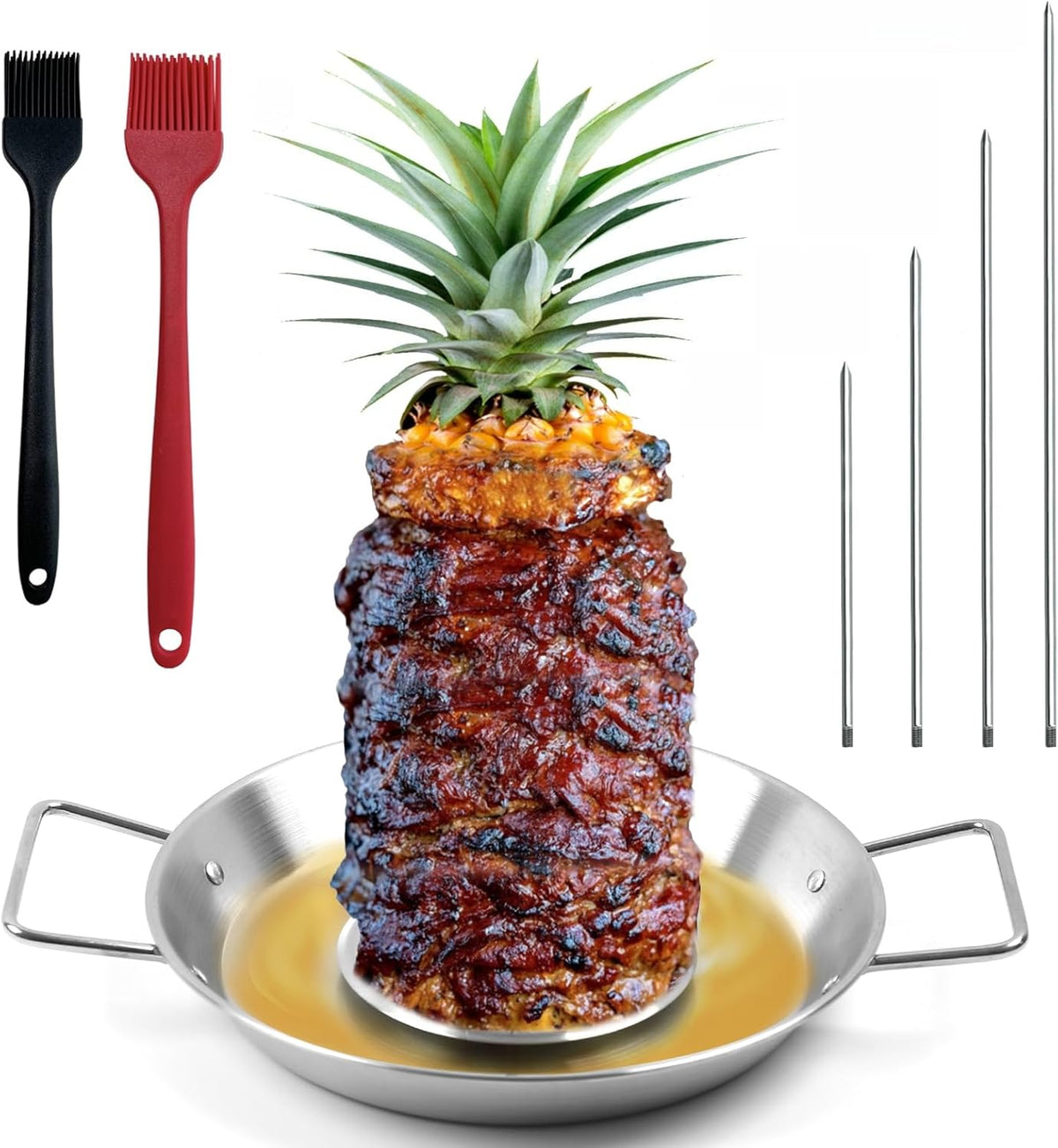 Fengzhe Al Pastor Skewer for Grill: Extra Large 13" Stainless Steel Vertical Skewer, Brazilian Spit Stand with 4 Spikes, 2 Brushes, for Tacos Al Pastor, Shawarma, Kebabs, with Fat Separator Tray