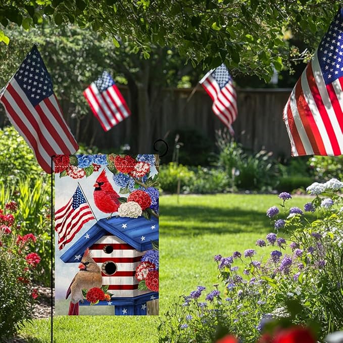 BLKWHT 4th of July Cardinal Bird Garden Flag 12x18 Vertical Double Sided Red Blue Floral Memorial Day Independence Day Holiday Outside Decorations Burlap Yard Flag BW824