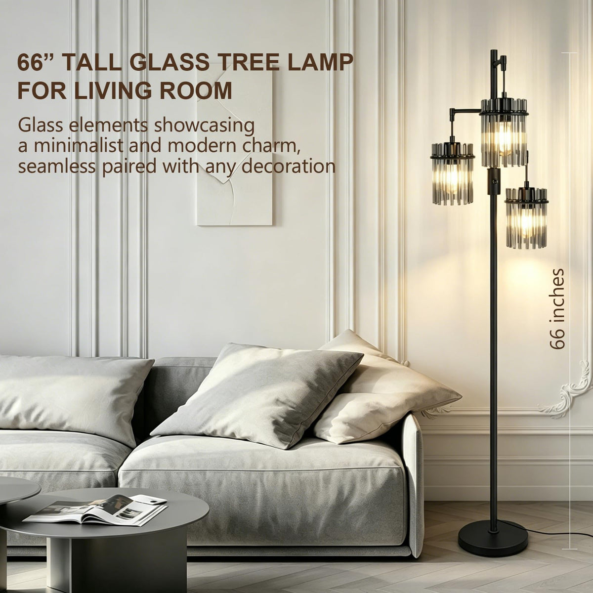 Dimmable Black Crystal Standing Farmhouse Tree Floor Lamp for Living Room