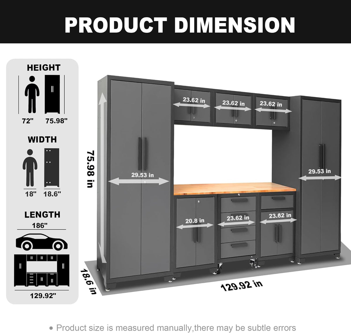 Torin Garage Cabinets Storage System, 9 Piece Included Steel Drawers Rolling Chest,Locked Storage Cabinet, Perfect for Organizing Garage and Tools, 129.92", Black/Grey