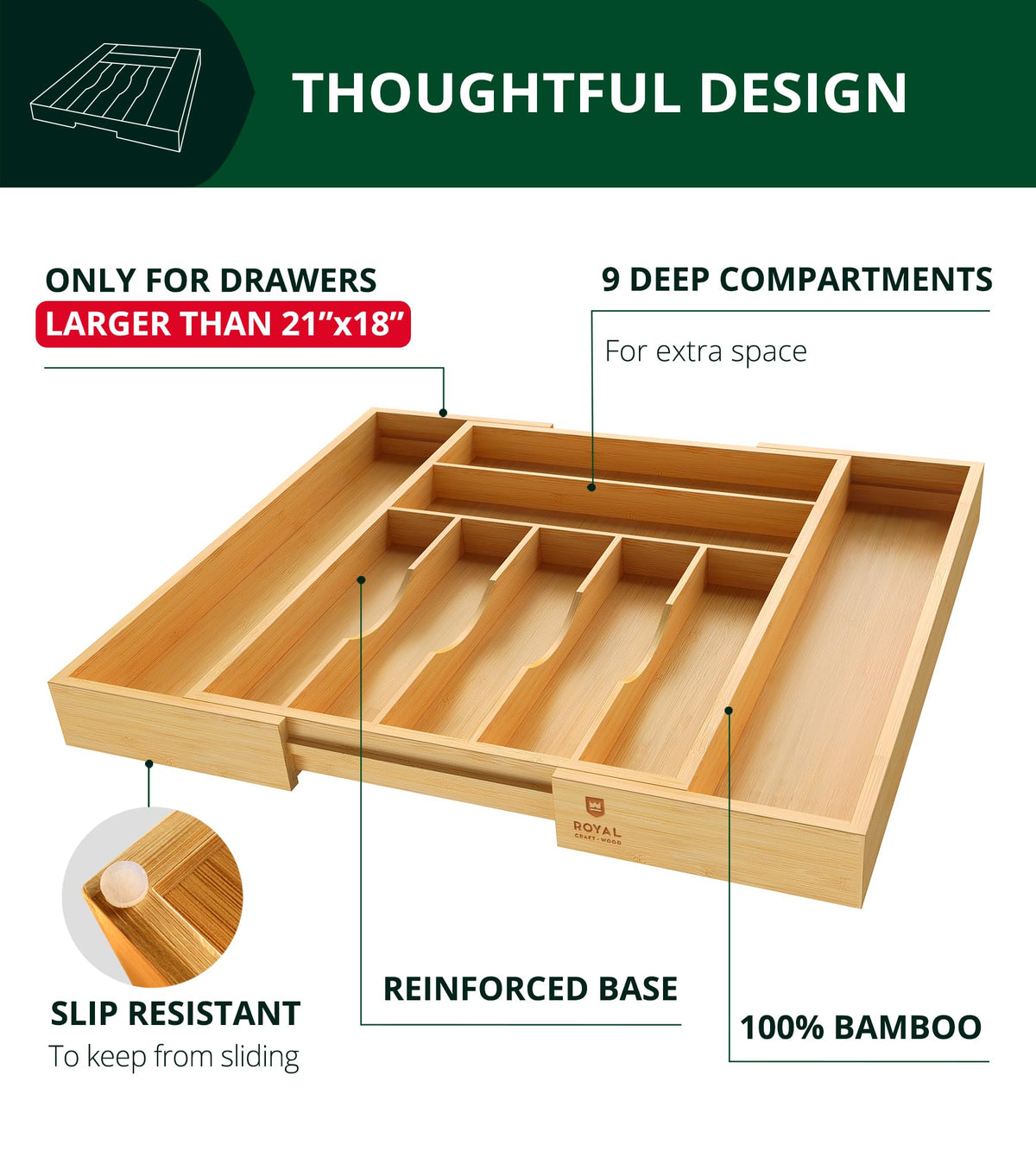 ROYAL CRAFT WOOD Luxury Bamboo Kitchen Drawer Organizer for Kitchen Organization - Silverware Organizer, Utensil Holder & Cutlery Tray Drawer Dividers for Flatware Silverware Storage, 9 Slot, Natural