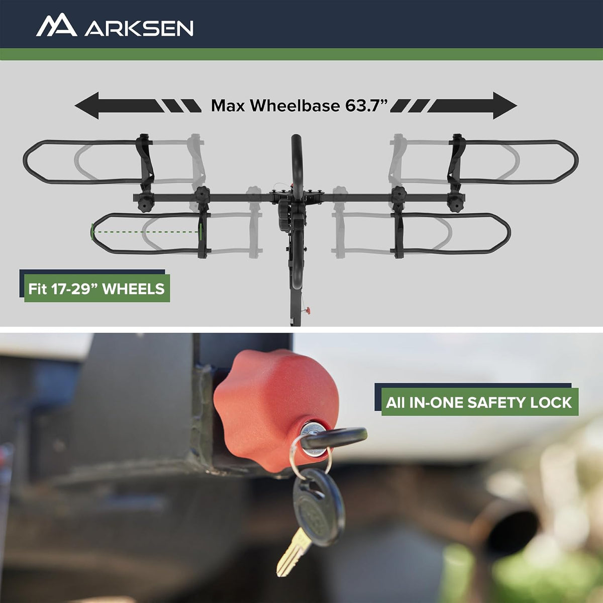 Arksen 2" Hitch Mounted Foldable Rack Quick Release Handle Smart Tilting 2-Bike Platform Style Carrier for Standard, Fat Tire, and Electric Bicycles -160 lbs Heavy Weight Capacity