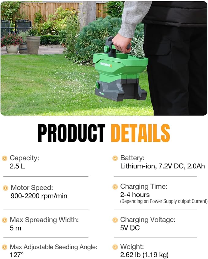 WORKPROX Battery Powered Fertilizer Spreader, 7.2V Seed Spreader for Salt, De-Icer, Earth Food, Rechargeable Grass Seed Spreader with 8-Level Settings and Holds up to 6458 sq.ft. of Product