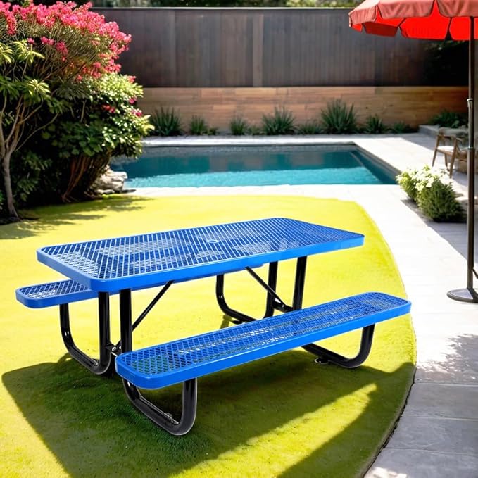 6 ft. Rectangular Outdoor Steel Picnic Table with Umbrella Pole, Heavy-Duty Weather-Resistant Dining Table for Patio, Backyard, and Garden, Rust-Resistant Finish, Blue
