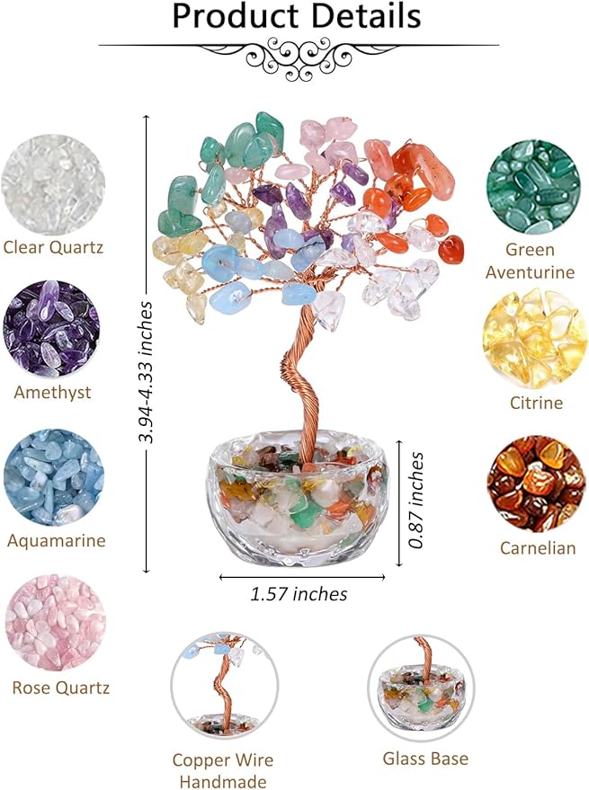 Jovivi Small 7 Chakra Crystals Tree, Natural Crystal Healing Stones Tree Glass Bowl Base Gemstone Money Trees Feng Shui Good Luck Home Desk Decor