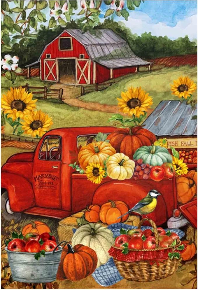 Morigins Autumn Harvest Farm Truck Fall Pumpkin Garden Decorations Double Sided FarmHouse Outdoor Garden Flag 12.5 x 18 Inch