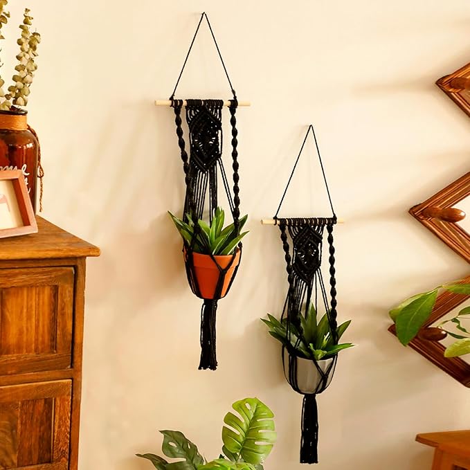 Artilady Black Plant Hanger Macrame Hanging Planter for Indoor Boho Plants Holder with Hooks Hanging Plant Basket Outdoor Window Wall Plants Home Decor