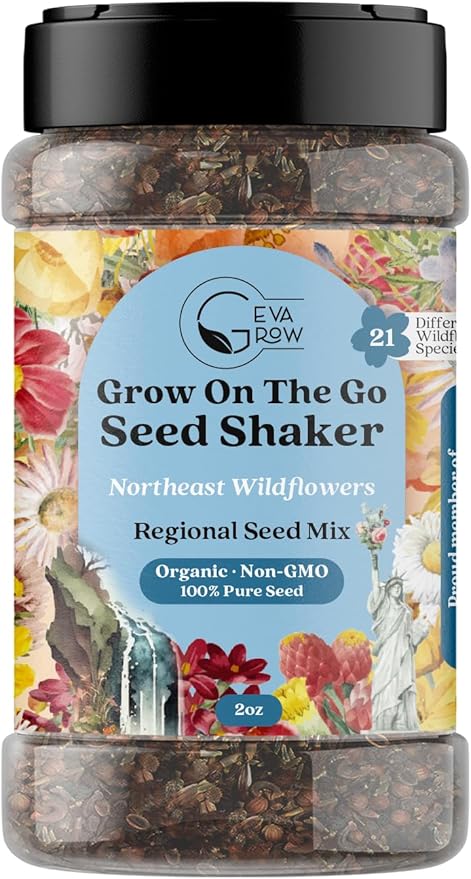 on The Go Regional Wildflower Seed Shaker - Northeast USA Wildflowers - 100% Pure Seed - Organic, Non-GMO - 21 Wildflower Variety Seeds of Annual & Perennial, 2oz