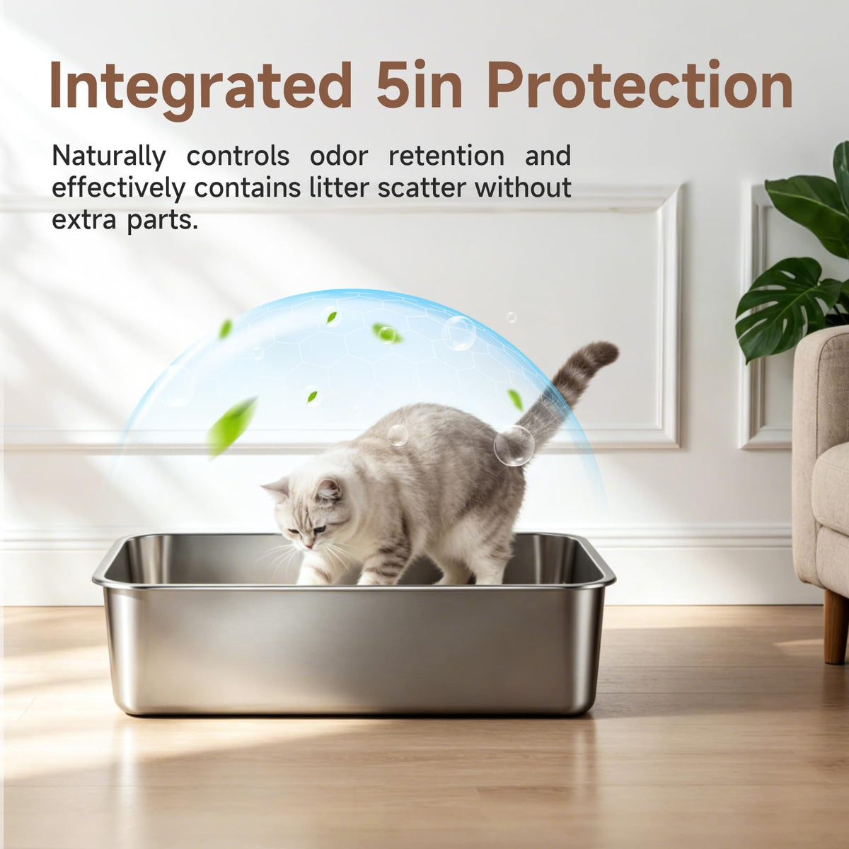 OneBug Stainless Steel High Sides Cat Litter Box,Medium