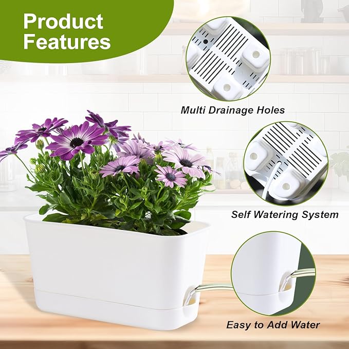Herb Garden Planter Indoor Kit Self Watering Pots for Indoor/Outdoor Plants 2 Packs Windowsill Plant Pots with Drainage and Tray, Window Pot for Indoor Plants