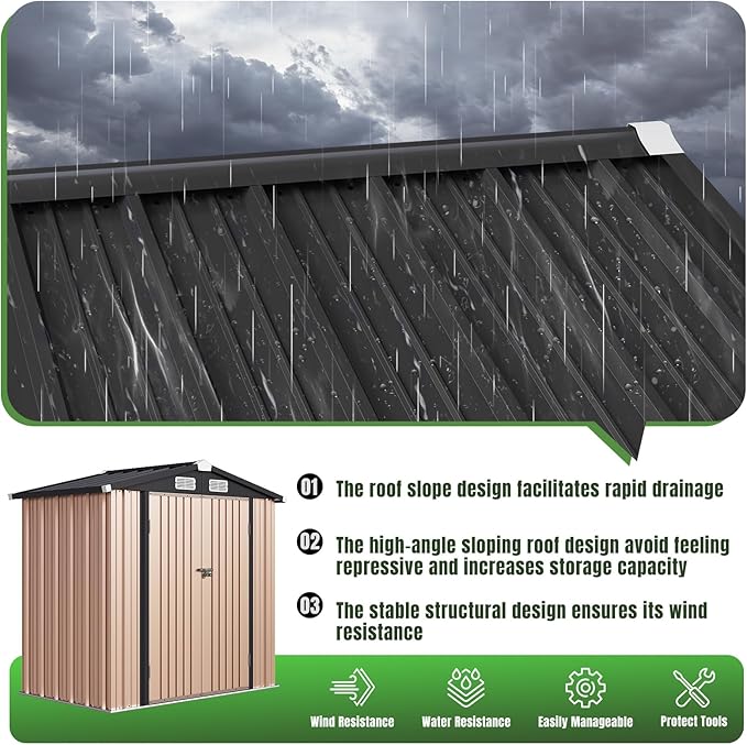Aoxun 6'x4' Outdoor Storage Shed with Base Galvanized Steel Metal Garden Shed for Patio, Lawn & Garden(Brown, 6' x 4'W/Base)