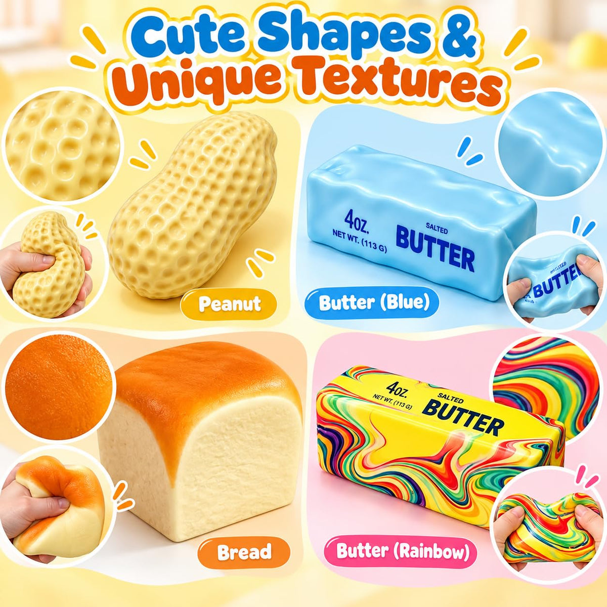 4 Pack Crunchy Squishy Set, Butter, Peanut, Bread & Rainbow Butter Toys