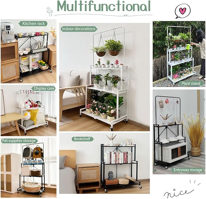 lumizone Foldable 4-Tier Plant Stand Indoor Outdoor Hanging Plant Shelf No Assembly Required Pot Placement Area With Wheels Sturdy Fall Prevention Storage Shelf Flower Pot Stand(4 Tier-White)