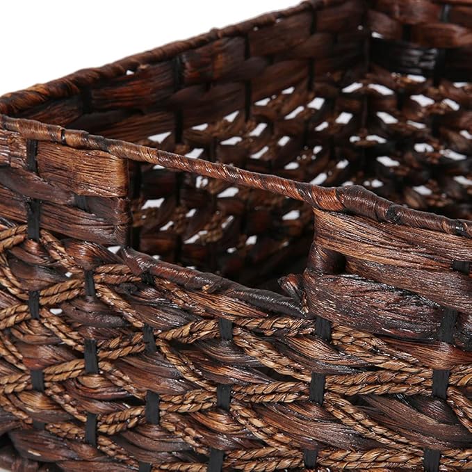 Rectangular Woven Water Hyacinth Basket,Dark Storage Basket With Inside Handle Shelves Kitchen Office Desk (Small)