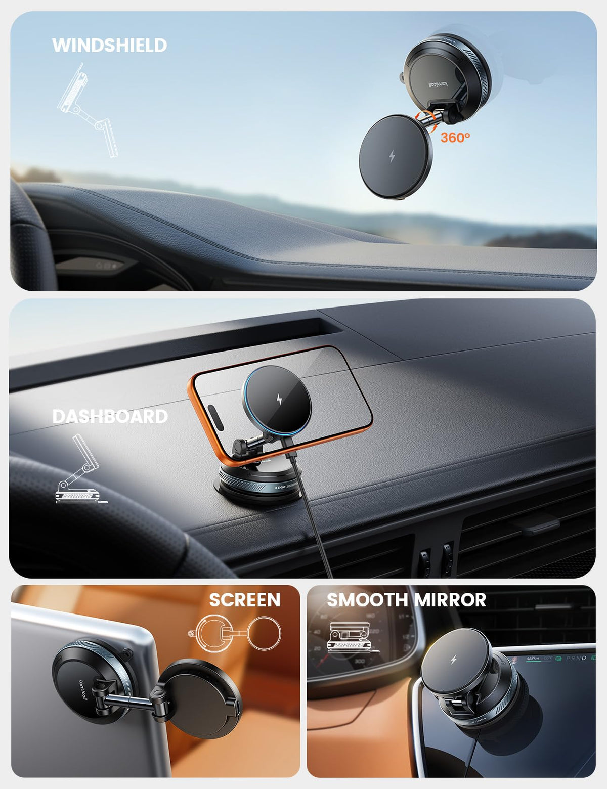 Lamicall 15W for MagSafe Car Mount Charger, 360° Wireless Car Phone Holder
