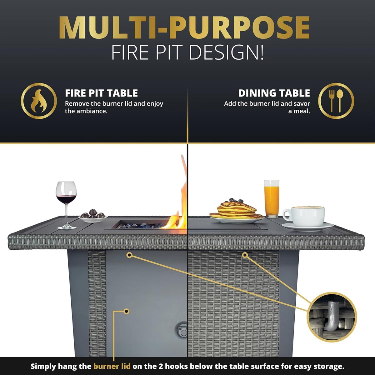 42'' Propane Fire Pit Table, 50,000 BTU Outdoor Gas Fire Table with Lid, Square Aluminum Fire Table with Wind Guard and Weather Cover, 2 in 1 Rattan Firepit Table for Outside Patio, Backyard, Gray
