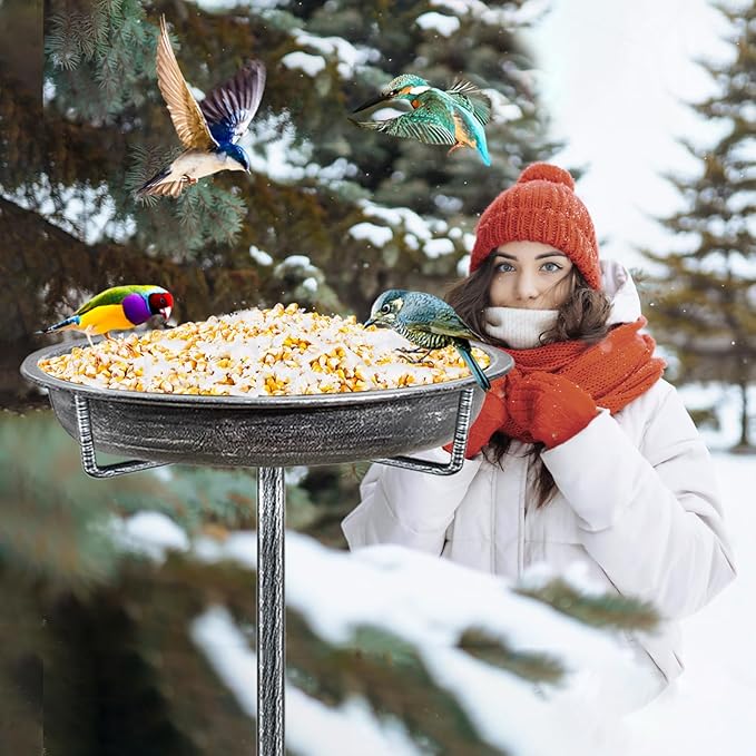 Metal Bird Bath for Outdoors Garden Birdbath Bowl, 36.2" Height Freestanding Bird Feeders for Outside with 4 Prongs Base Stake, Standing Birdfeeders for Yard Lawn Decor (Retro Silver)
