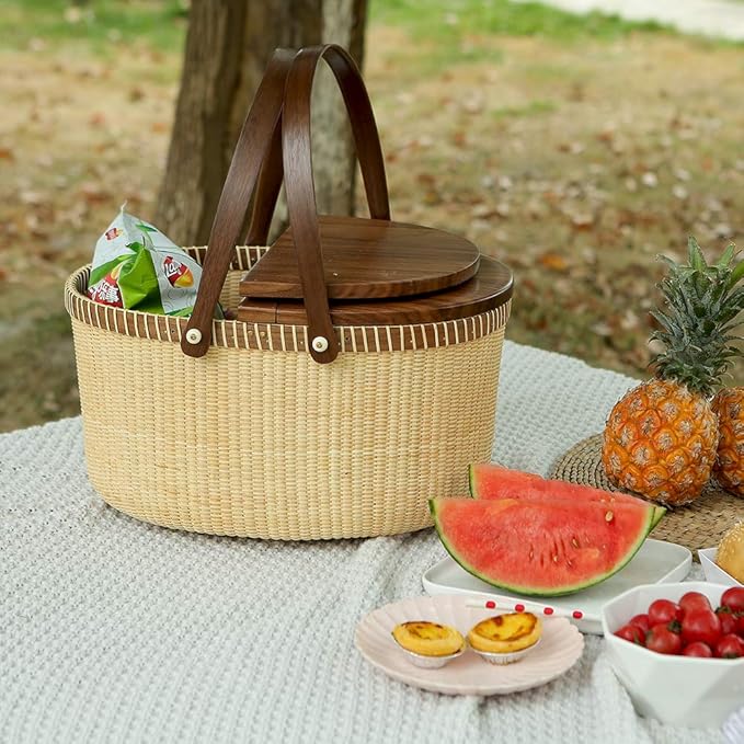 Nantucket Basket Crafts Cane-on-Cane Weave Picnic Basket Shopping Basket Basket Storage Basket Two Swing Handles (Black Walnut Activity Double Open)