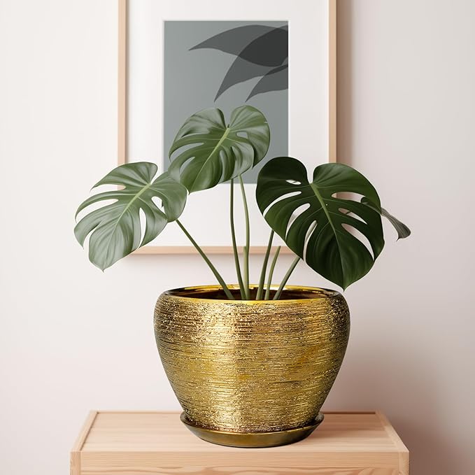 Ceramic Planter 10 Inch - Indoor Plant Pot with Drainage Hole and Saucer Large Decorative Planter Mid-Century Modern Flower Pot Outdoor for Home Decor Gold