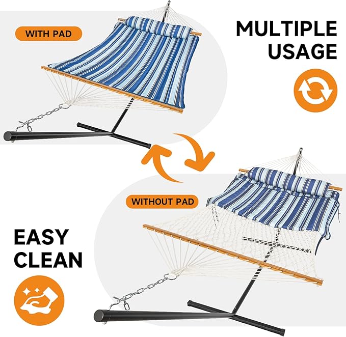 2 Person Outdoor Hammock with Stand, Cotton Rope Hammock with Polyester Pad, Adjustable Steel Frame, Portable with Carrying Bag – for Patio, Backyard, Garden, Beach, Blue
