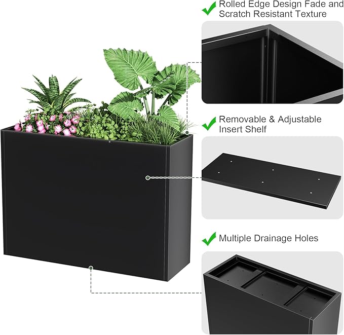Tall Metal Cube Planter for Outdoor Plants 30" L x 12" W x 24" H, Heavy Duty Steel Large Planter Box with Removable Insert Shelf, Modern Décor for Tall Plants, Trees, Flowers (Black)