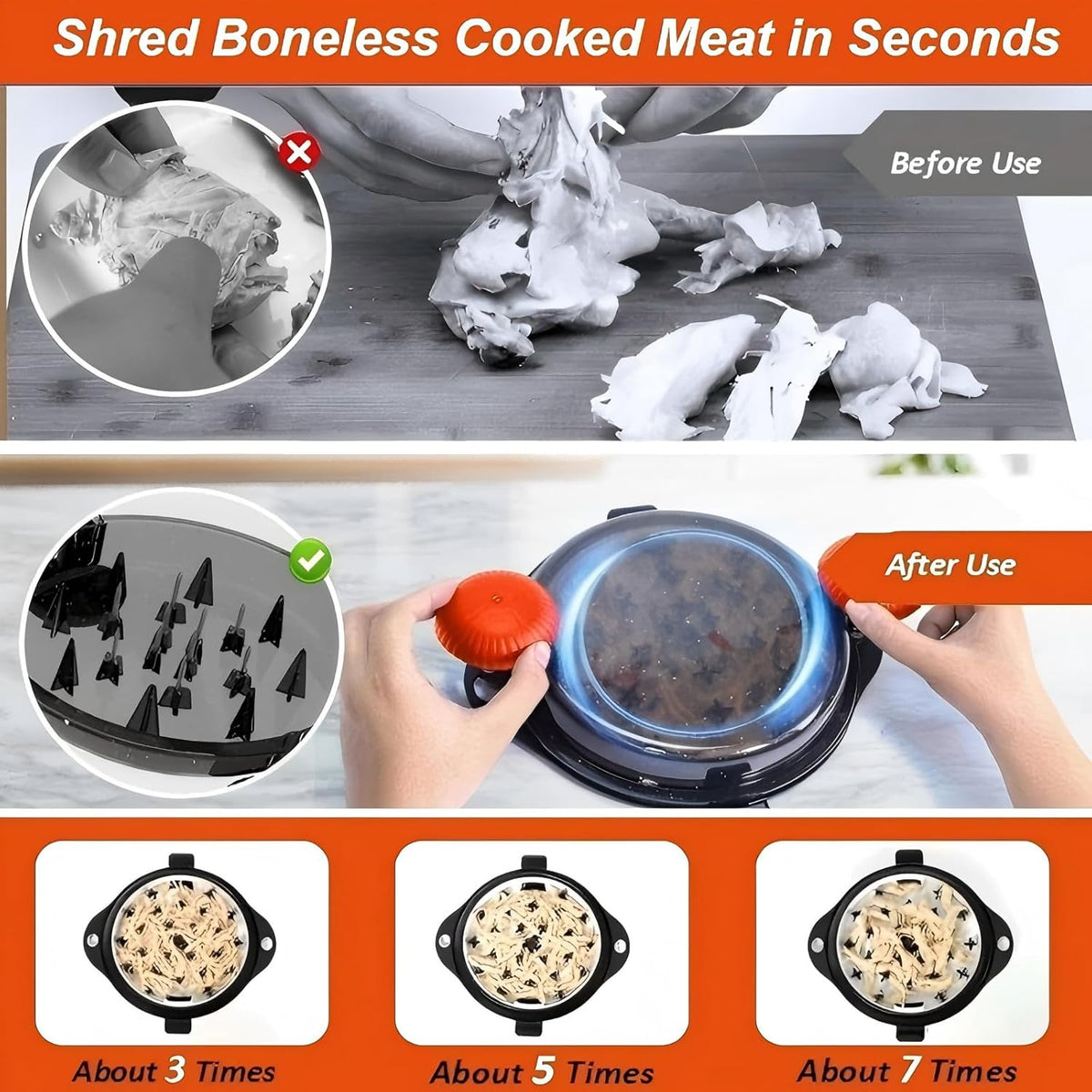Chicken Shredder Meat Shredder Tool Twist Chicken Breast Shredder Large-Shredding Tools Chicken Breast, Pulled Pork, Beef with Stainless Steel Spikes (Orange & Black)