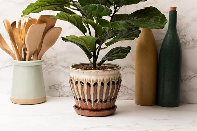 rePotme 6" Pinwheel Fluted Ceramic Plant Pot (Honey Cream Over Coffee) - - Includes Free 6 inch Slotted Pot Liner - Great for Orchids, Succulents, and All Indoor Plants