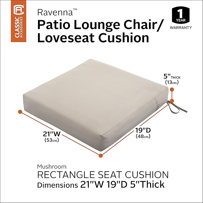Classic Accessories 62-017-MUSHRM-EC Ravenna Seat Cushion, 21x19x5 Inch (Pack of 1), Mushroom, Patio Loveseat Cushion