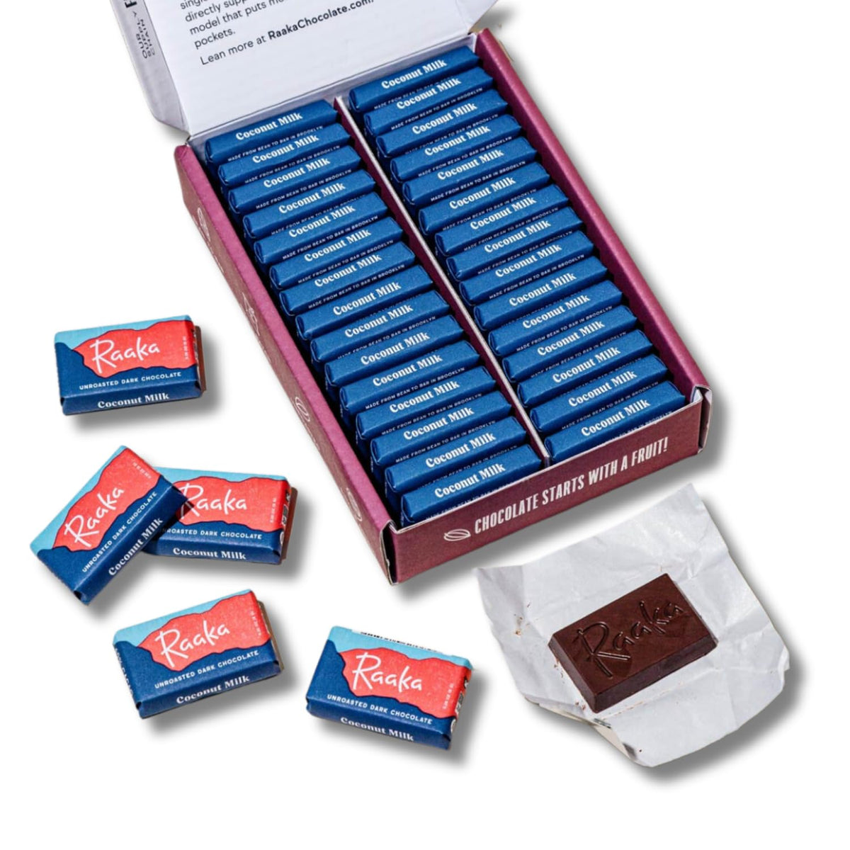 Raaka Coconut Milk Chocolate Gift Box | 60% Cacao Vegan Milk Chocolate | Organic, Vegan, Gluten Free | Box of 30 Individually Wrapped Chocolates