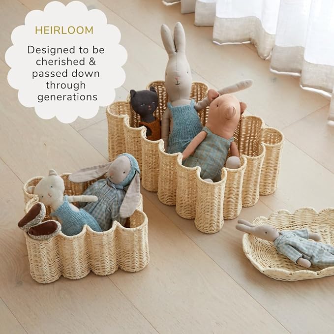 BEBE BASK Unique Wavy Scalloped Basket Set Of 2 - Scallop Basket - 16 x 10 x 7 In - Hand-Woven Elegant Wicker With Scalloped Edge Lid - Nursery Storage - (Earthy)