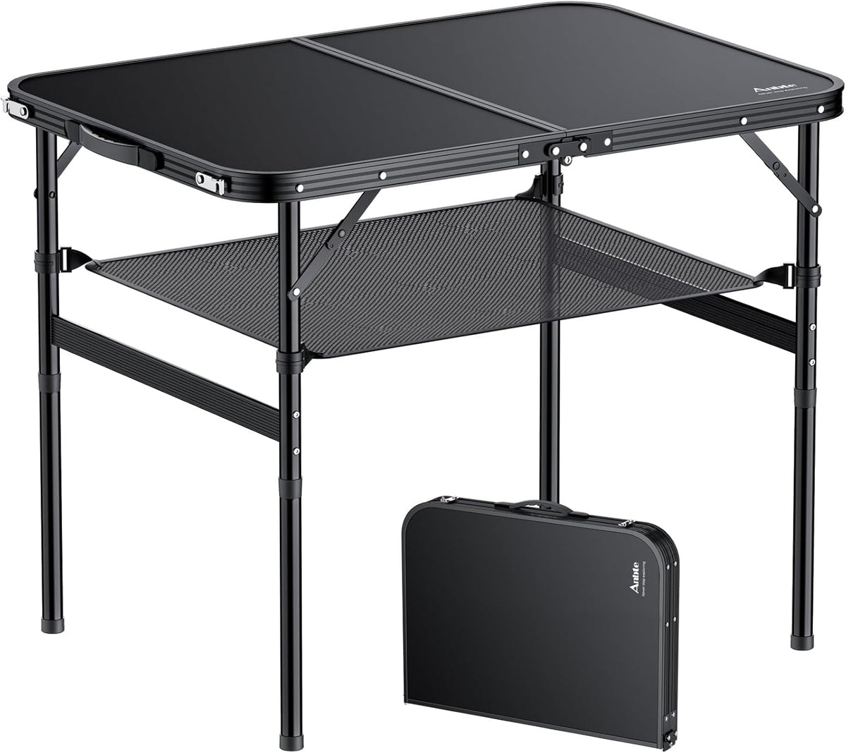 Folding Camping Table, 36" x 24" Portable Table Adjustable Height Max 28 inch Aluminum Folding Table with Storage Net, Lightweight, Portable Handle for Travel, Outdoor, Backyard (Black)