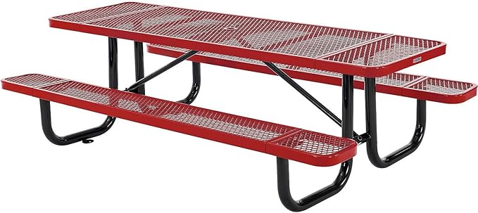Global Industrial 8’L Rectangular Picnic Table, Expanded Metal, Red Thermoplastic Coating, Attached Benches, 1-1/2” Umbrella Pole Hole, Outdoor-Rated, 1000 lb Capacity, 96” x 30” Tabletop