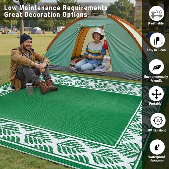 8x10 Patio Waterproof Outdoor Rug Outrside Camping Carpet RV Area Rug Reversible Green Rugs for Deck Entryance Porch Picnic Balcony Beach