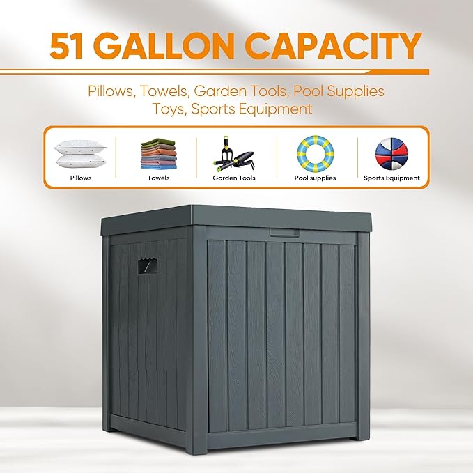 51 Gallon Resin Deck Box, Outdoor Storage Box Waterproof for Patio, Garden, Pool, and Deck, Storage Solution for Cushions, Tools, Delivery Packages, Grey