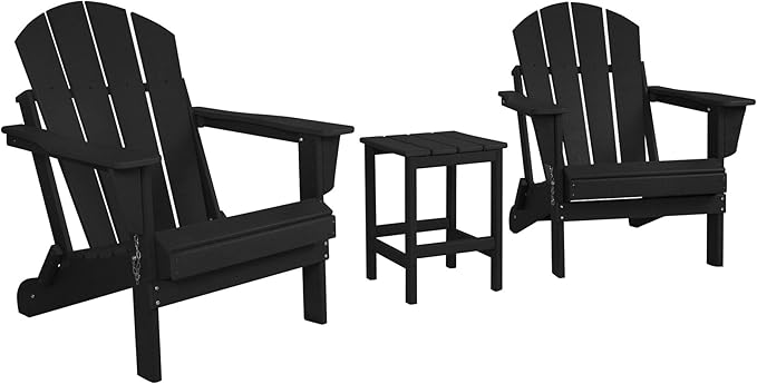 WO Home Furniture Adirondack Chairs Table Set of 3 PCS Outdoor Folding Chairs Side End Table Weather/UV Resistant for Lawn, Garden, Bon Fire, Balcony (Black)