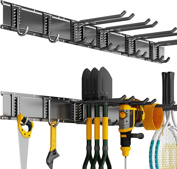 Garage Organization Tool Organizer Wall Mount, 32inch Heavy Duty Garden Tool organizer Storage System, Easy Install With 6 Adjustable Hooks, For Garage, Basement, Shed, Workshop(Black)