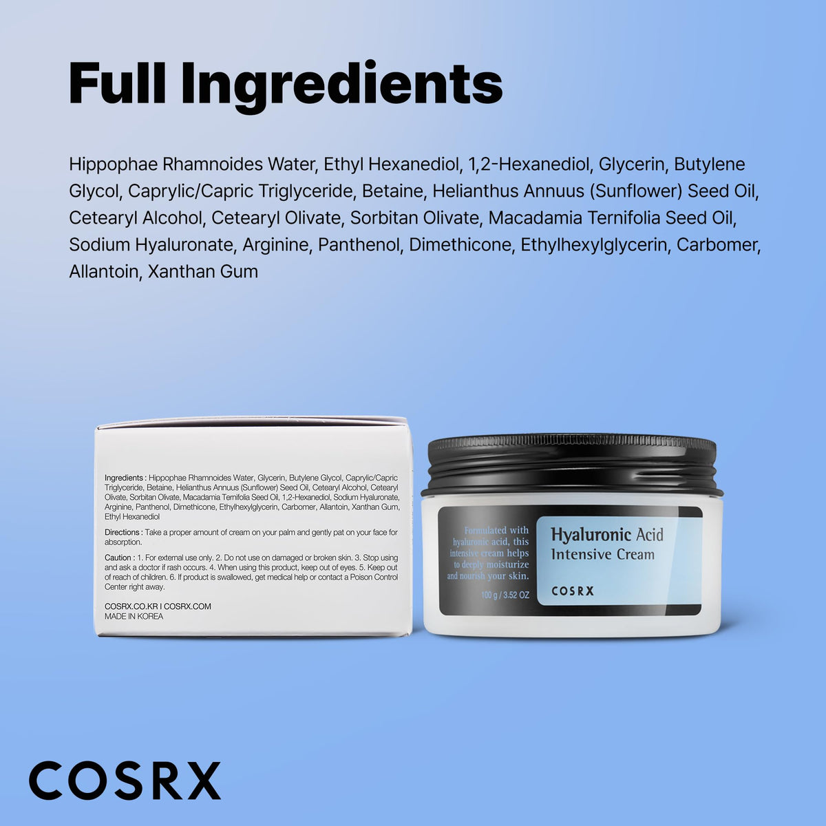 COSRX Hyaluronic Acid Cream, Daily Moisturizer for Sensitive Skin, 3.52 oz