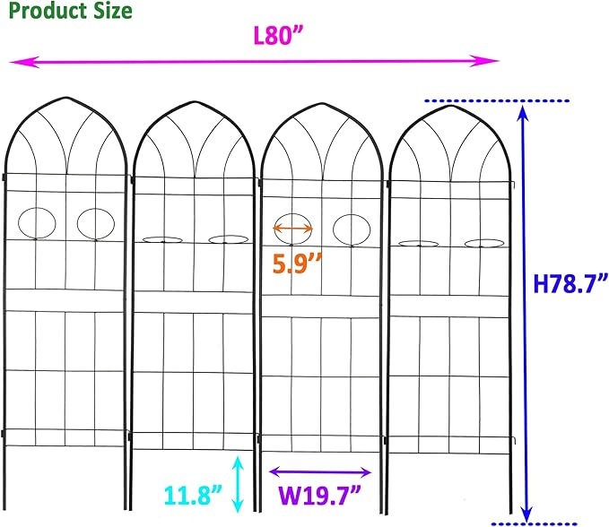 4 Pack Metal Garden Trellis 78.7" H Garden Fence Rustproof Trellis for Climbing Plants Support Roses Flower Outdoor Lawn Black
