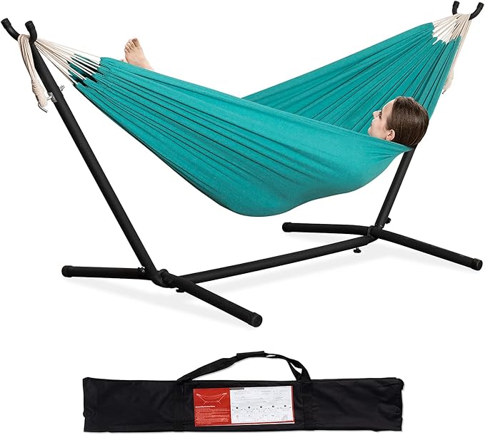 PNAEUT Double Hammocks with Stand for Outside, Portable Space Saving Heavy-Duty Steel Stand for Indoor Outdoor Patio with Carrying Bag, 450 lbs Capacity (Aqua)