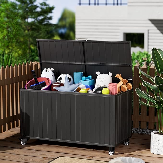 Outdoor Storage Box with Wheels 135 Gallon, Mobile Waterproof Aluminum Deck Box, UV Resistant Patio Storage Box with Lid for Patio Furniture, Garden Tools (Black)
