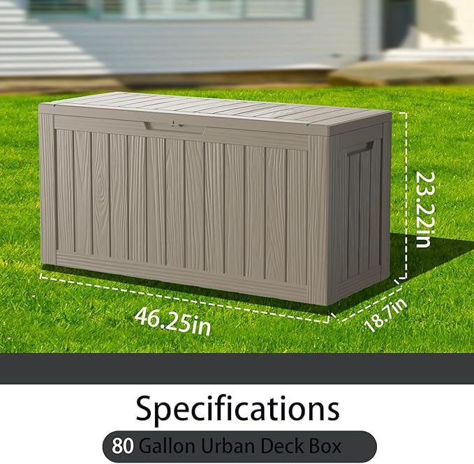 80 Gallon Waterproof Deck Storage - Compact Patio Storage Box & Pool Deck Box, All-Weather Resin Chest with Lock for Cushions & Tools, UV-Resistant, Slate Grey